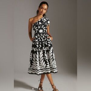 Anthropologie One Shoulder Embroidered Midi Dress